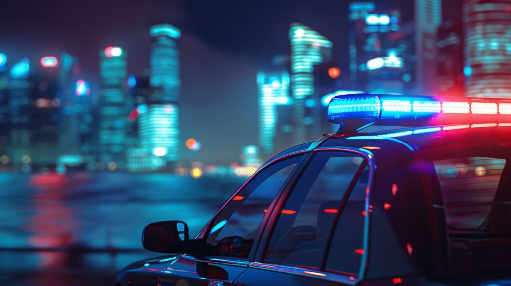 Police car with lights flashing overlooking a city scape.