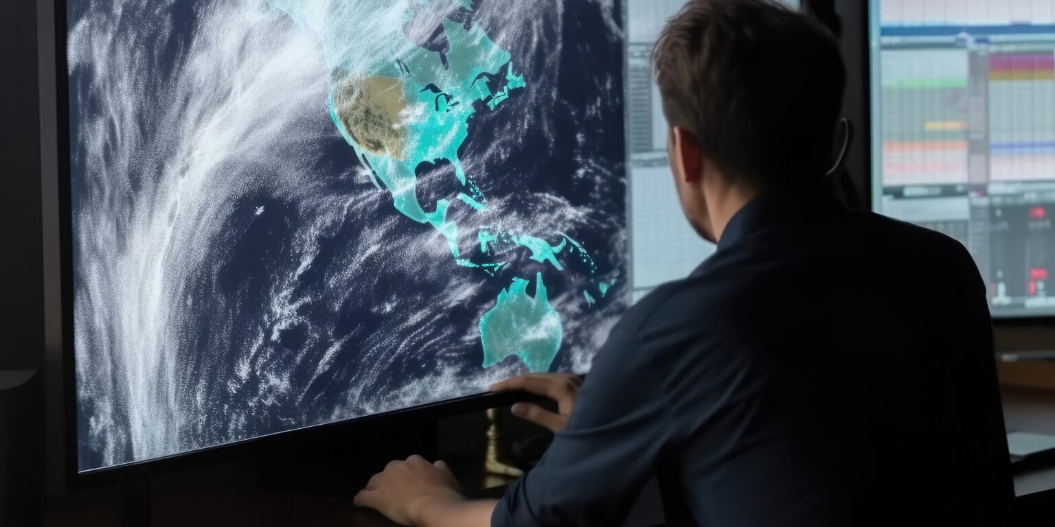 A meteorologist at a desk analysing data.